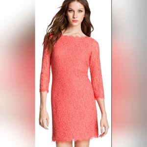 Diane Von Furstenberg Coral Zarita Floral Lace 3/4 Sleeve Dress Size 10